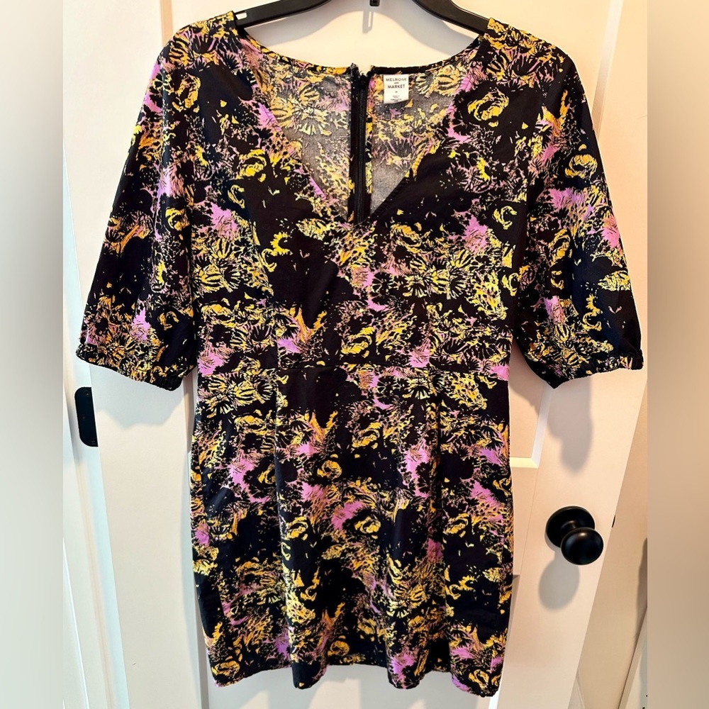 Melrose and Market Floral V-Neck Mini Dress‎ Black Yellow Purple Cotton Size M